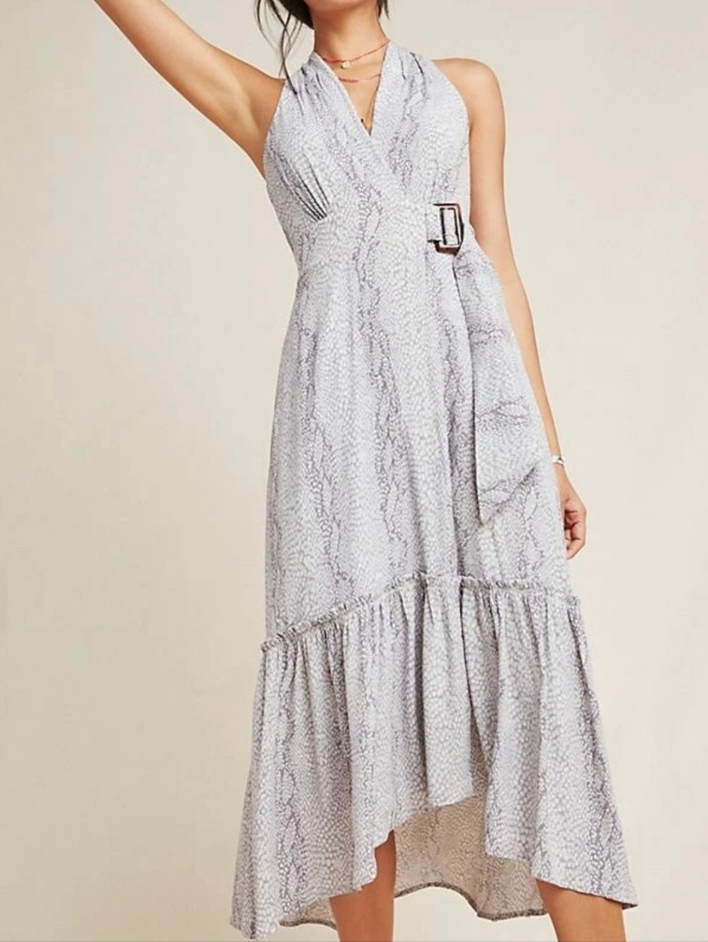 🎈ANTHRO Marfa Wrap Midi Dress Size US 8 Snakeskin Print Ruffle Hem